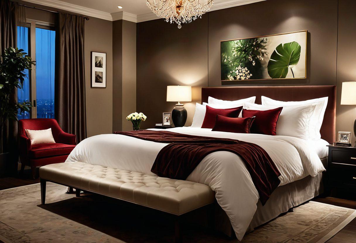 A cozy bedroom setting with soft, ambient lighting featuring plush pillows and silk sheets, a curated collection of tasteful sensual art on the walls, and a glass of red wine on a nightstand. Include subtle plants for a touch of nature, creating an inviting and intimate atmosphere. The focus is on elegance and warmth. super-realistic. soft colors. low light.