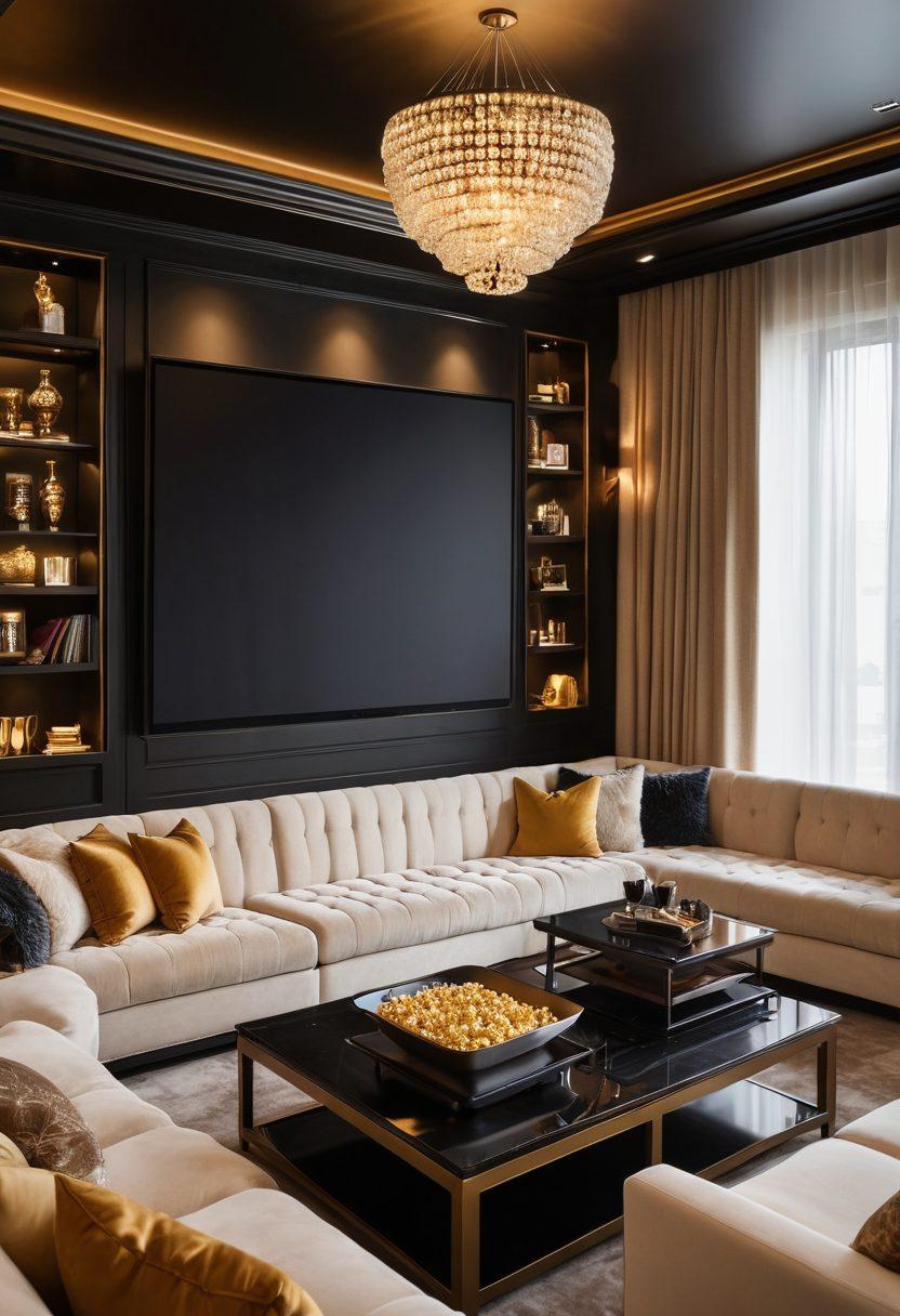 A sophisticated home theater setting with plush seating, a large screen displaying a captivating movie scene, and shelves lined with elegant film cases. The atmosphere is ambient with soft lighting, showcasing a curated selection of artistic adult films. Add decorative elements like popcorn bowls and wine glasses to enhance the luxurious vibe. Vibrant colors. 3D. Modern design.