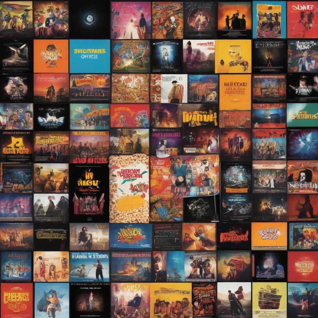 A vibrant collage of classic hardcore DVD covers exploding with color, showcasing diverse genres from action to comedy, surrounded by joyful emoticons and cinematic elements like popcorn and film reels. The background exudes a playful, cluttered home theater ambiance, inviting viewers to indulge. Super-realistic. Bold colors. Dynamic composition.